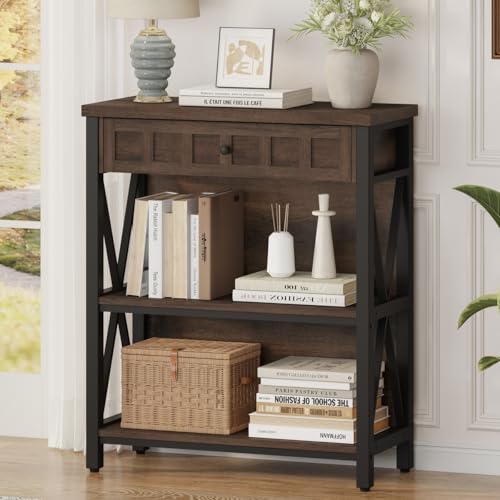 Small Bookcase with Drawer, Industrial 3 Shelf Bookshelf, Wood and Metal Book Shelf, Short Book Shelves and Low Book case for Small Space (Rustic Brown) - color: Rustic Brown, size: With Drawer