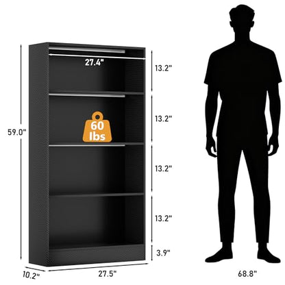 CODACE Tall Wooden 4-Tier Black Bookshelf - Display Cabinet with LED Lights | Lighted Book Shelves, Display Case for Collectibles, Manga ,Figures, Modern Bookcase for Bedroom, Living Room, Gaming room - size: 4 Tiers - 10.2"D x 27.6"W x 59.1"H