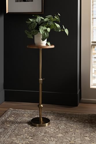 Kate and Laurel Engles Modern Adjustable-Height Pedestal Drink Table, 10 x 10 x 30, Walnut Brown and Brass, Mid-Century Round Indoor Metal Plant Stand with Solid Wood Tabletop