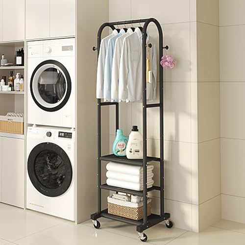 Dttwacoyh Clothing Rack with Wheels,Narrow Metal Garment Rack,Black | Easy to install, 71.8 Inches Display Rack with 4 Side Hooks & 3 Shelves,for Small Flats, Bedroom, Entryway,Black Clothes Rack - color: Black