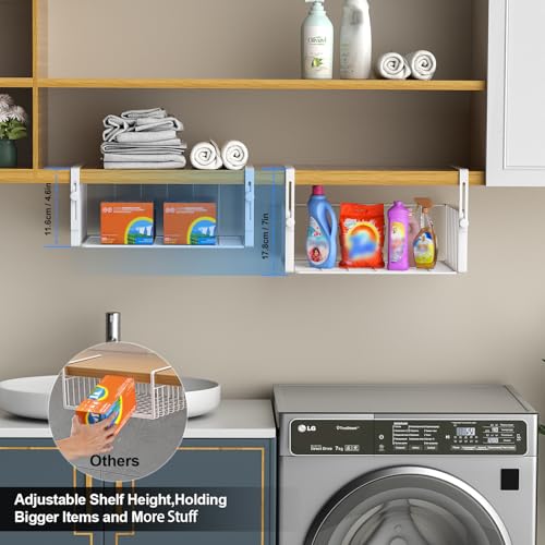 AmonHouseware 2Pack Under Shelf Basket Storage,Adjustable Hanging,White | Under Cabinet Shelf Add-on, Slide-in Baskets,Organizer for Laundry Room Kitchen Pantry Desk Bookshelf Counter Cupboard - color: White