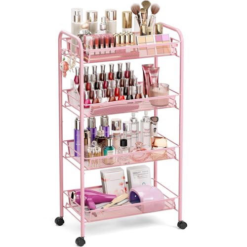 TOOLF 4 Tier Rolling Utility Cart - Durable Metal Design Pink Utility Cart, Storage Trolley on Wheels with 3 Hooks, Perfect for Kitchen, Bathroom & Laundry Room Organization - color: Pink, size: 4-Tier