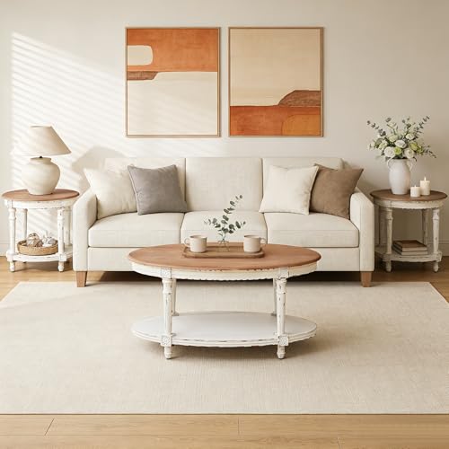 BERRYMERRY 23.6" French Country Round End Table Set of 2, Two Tone Distress 2 Tier Side Table for Living Room Small Space,No Tool Assembly - color: White 2pcs