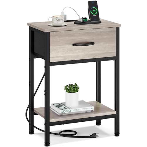 Vagusicc Nightstand with Charging Station, End Table with Fabric Drawer, Small Side Table with 2-Tier Storage Shelves, 25.4" Tall Night Stand, Bedside Table for Bedroom, Living Room, Dorm, Greige - color: Greige (1 Pack)