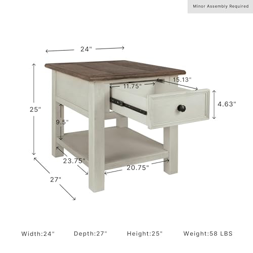 Signature Design by Ashley Bolanburg End Table for Living Room, Two-Tone Distressed Wood Side Table with Smooth-Gliding Drawer, Farmhouse Plank-Style Top, Ideal Night Stand Use, Antique White/Oak - color: Whitewash