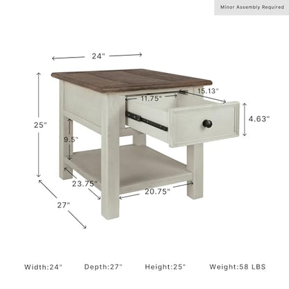 Signature Design by Ashley Bolanburg End Table for Living Room, Two-Tone Distressed Wood Side Table with Smooth-Gliding Drawer, Farmhouse Plank-Style Top, Ideal Night Stand Use, Antique White/Oak - color: Whitewash