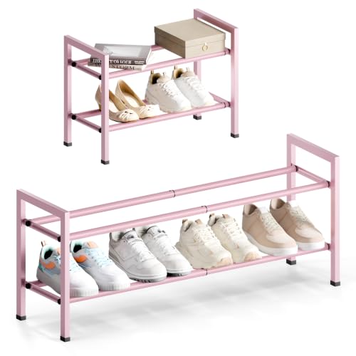 Bumusty 2 Tier Expandable Shoe Rack for Closet, Pink | 18"-33" Adjustable Shoe Rack for Entryway, Small Shoe Organizer for Dorm, Front Door, Sturdy Metal - color: Pink, size: 2-tier
