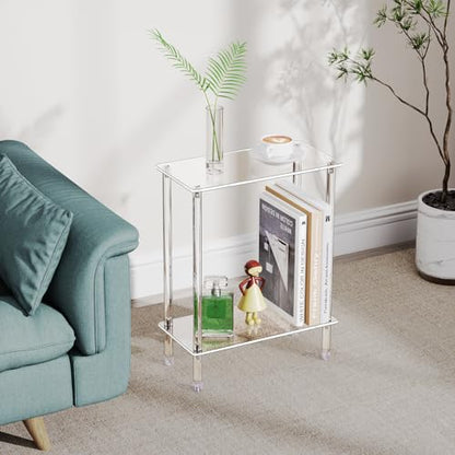Clear Acrylic Narrow Side Table Set of 2 for Small Spaces, 15.75" L x 7.87" W x 19.82" H, 2 Tier Rectangle Slim End Table Nightstand, Small Bedside Table for Bedroom, Bathroom, Living Room - size: 2 Tier Rectangle 2-Pack