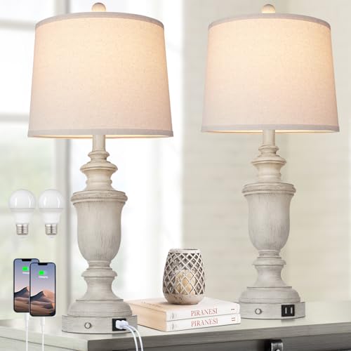 Cinkeda Farmhouse Table Lamps Set of 2 with USB Charging Port for Rustic Living Room Retro Bedroom,3-Way Dimmable Touch Lamp Resin Bedside Lamps for Nightstand Side End Table,Color 2 - color: Cream