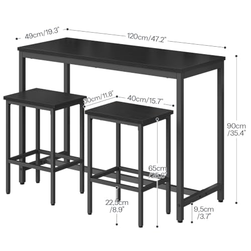 HOOBRO Bar Table and Chairs Set, 47.2" Rectangular Pub Table with 2 Stools for Small Space, 3-Piece Breakfast Stools Set, Sturdy Metal Frame, Easy to Assemble, Black BB52BT01 - color: Black