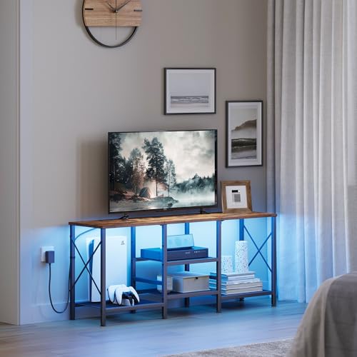 JARHETUN TV Stand with LED Lights for 55 Inch TV, Entertainment Center with 3-Tier Open Shelves, TV Console Table for Living Room, Bedroom, Rustic Brown - color: Rustic Brown With Led Light