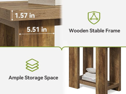 LITTLE TREE 2 Tier Side Table with Storage Shelf, Rustic Wood End Table, Narrow Nightstand Bedside Table for Living Room, Bedroom, Small Spaces, Rustic Brown, 15.75" D x 27.56" W x 25.2" H - color: Rustic Brown