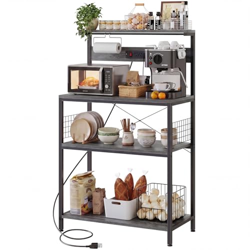 DUMOS Bakers Rack with Power Outlet for Kitchen Storage, 31.5" Microwave Stand, Small Appliance Organizer with 3 Adjustable Tiers for Small Apartment, Counter Space Saving, Classic Grey - color: Classic Grey, size: 31.5 inch