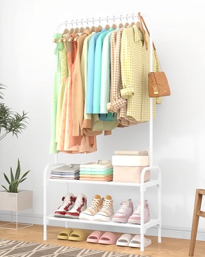 Sakugi Clothes Rack - 29.3" × 12.5" × 59.6" Clothing Rack and Shoe Rack with Anti-Slip Stopper, Large Capacity Rack with 2-Tier Shoe Organizer, Clothes Organizer for Bedroom, Entrance, Laundry, White - color: White