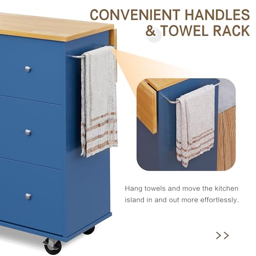 SUNLEI Kitchen Island on Wheels with Storage Cabinet & Foldable Drop Leaf, Rolling Kitchen Table, Cart Handle for Towel Rack, Drop Leaf, Portable Islands for Kitchen (Classic Blue, 39.7-INCH) - size: 39.7 INCH, style: Blue