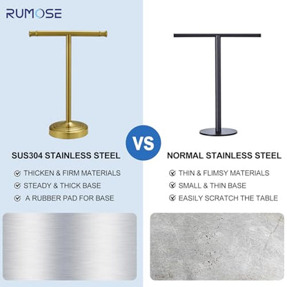 RUMOSE 13 Inch Brushed Gold Towel Stand Hand Towel Holder Bathroom Kitchen Vanity Countertop T-Shape Towel Rack Free Standing Stainless Steel Towel Bar Towel Ring - color: Brushed Gold