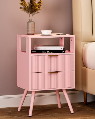 Leomonio Pink Nightstand,Modern Bedside Table with 2 Storage Drawer and Open Wood Shelf, for Bedroom and Small Spaces,Night Stand with Solid Wood Legs - color: Pink