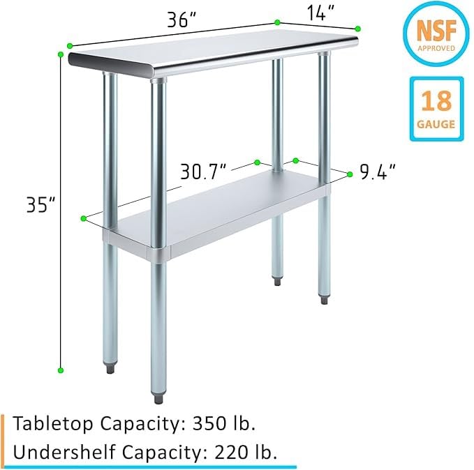 14" x 36" Stainless Steel Prep Table – NSF Certified Heavy Duty Work Table for Home & Commercial Use – Galvanized Undershelf & Legs - size: 36x14