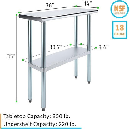 14" x 36" Stainless Steel Prep Table – NSF Certified Heavy Duty Work Table for Home & Commercial Use – Galvanized Undershelf & Legs - size: 36x14