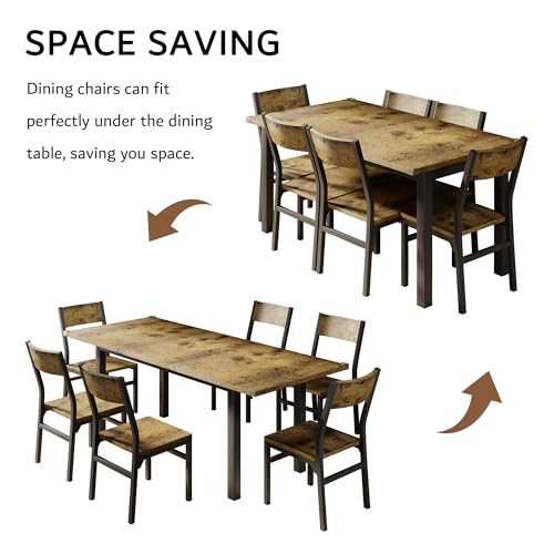 iPormis 7-Piece Dining Table & Chairs Set for 4-6, 63" Extendable Kitchen Table with 6 Chairs, Dining Room Table with MDF Board & Metal Frame, Perfect for Small Space,Easy Assembly, Rustic Brown - color: Rustic Brown