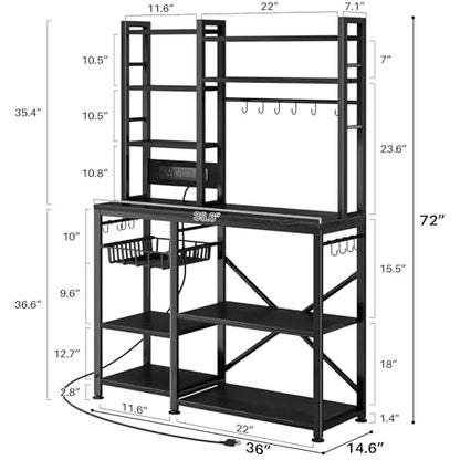 SNTD 6-Tier Bakers Rack with Power Outlets, 36 x 14.6 x 72 in, Rustic Black | Large Capacity for Small Appliances, Stable Metal Frame with Wood Shelves, Pull-Out Basket, 14 Hooks - color: Rustic Black