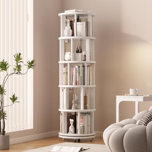 Solid Wood Rotating Bookshelf on Wheels, 5 Tier, Round Revolving Bookcase, 360° Spinning Book Shelf Tower for Kids, Narrow Rolling Bookshelves for Small Space, Corner, Bedroom, Office, White - color: White, size: 5 Tier