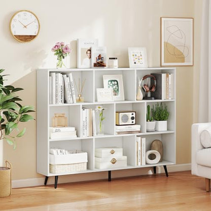 Giantex 10-Cube Bookcase, 3-Tier Modern Bookshelf with 5 Metal Legs, 55" Freestanding Open Storage Organizer with 2 Anti-tip Devices, Mid-Century Display Rack for Living Room (55" x 9.5" x 42") - size: 55" x 9.5" x 42"