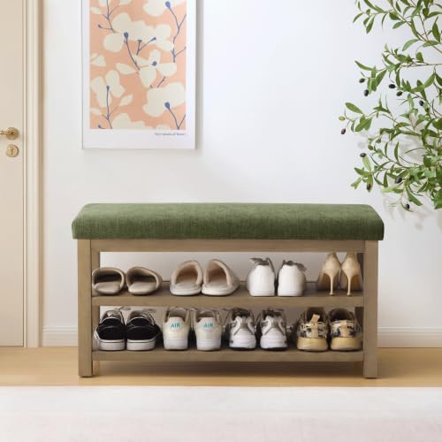 Zihanhome 2 Tier Shoe Rack Bench with Cushion, Solid Wood Shoe Benches, Mid-Century Modern Shoe Storage Bench for Entryway, Hallway, Living Room, Closet, Front Door Entrance, (Green, 39.4") - color: Green Fabric, size: 39.4"