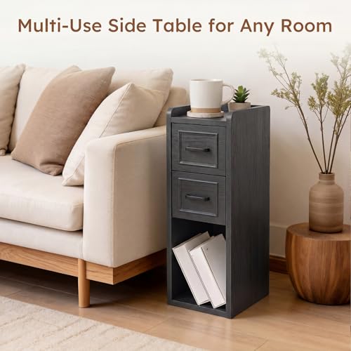 Narrow Nightstand Set of 2, Modern Small Bedside Table with Drawers & Open Shelf, Modern End Table for Bedroom Small Spaces, Apartments, Renters, Black - color: Narrow Black