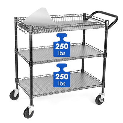 WDT Heavy Duty 3 Tier Utility Cart,Wire Rolling Cart with Wheels, Commercial Grade Service Cart with Shelving Liners and Handle Bar Metal Carts for Kitchen Office Hardware - color: 750lbs Capacity Black