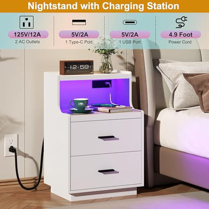 Yusong LED Nightstand Bedside Table with Charging Station 2 Drawers, Modern Sofa Couch End Side Table with LED Lights and Pull-Out Shelf for Bedroom, White - color: White 003