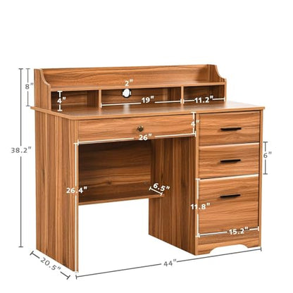 Computer Desk with 4 Drawers and Hutch, Home Office Desk with File Drawer, 44” Rustic Oak Wood Desk, Study Table for Bedroom, Rustic Oak - color: Rustic Oak