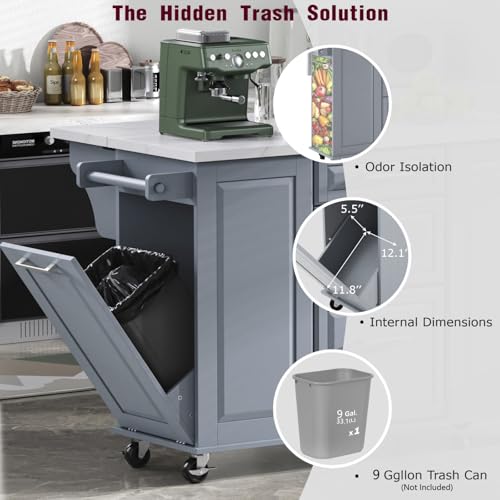 Kitchen Island with Trash Can Storage Cabinet and Faux Marble Top | Grey Blue, 50.7" Rolling Kitchen Cart on Wheels with Drop Leaf, Spice Rack, Towel Rack and Adjustable Shelf for Dining Room - color: Grey Blue