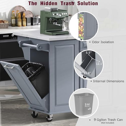 Kitchen Island with Trash Can Storage Cabinet and Faux Marble Top | Grey Blue, 50.7" Rolling Kitchen Cart on Wheels with Drop Leaf, Spice Rack, Towel Rack and Adjustable Shelf for Dining Room - color: Grey Blue