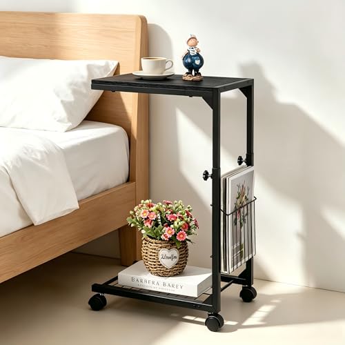 C Shaped End Table Small Side Table with Wheels Slide Under Couch Table for Sofa Adjustable Height C Table with Metal Frame for Living Room Bedroom Bedside, Black - color: Black