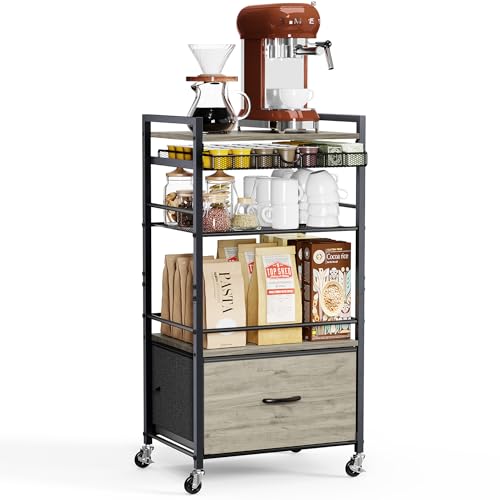 Coffee Bar Cabinet with Storage，5 Tier Coffee Station Table on Wheels, 33.6" H Cart with Drawer for Home Kitchen, Liquor Buffet Sideboard Cabinet (Black) - color: Black