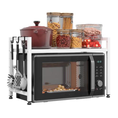 Extendable Microwave Oven Stand, Adjustable Microwave Rack Toaster Shelf, Heavy Duty Rack 2 Tier Kitchen Counter Top Organizer with 7 Hooks for Kitchen - color: White