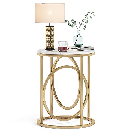Tribesigns Round End Table, 20" Modern Sofa Side Table with Gold Base, Faux Marble Accent Table Bedside Table Nightstand for Living Room, Bedroom, White and Gold - color: White and Gold, size: 1-PC