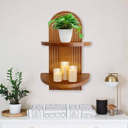LWINGFLYER Boho Wall Decor Plant Wall Shelf, 2-Tier Wooden Floating Shelves, Arched Wall Mounted Shelf, Hanging Plant Stand for Small Plants, Decor, Books, for Bedroom Living Room Office (Brown) - color: Brown