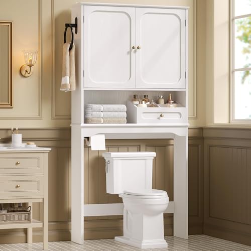 Over The Toilet Storage Cabinet with Adjustable Shelves & 2 Doors, Bathroom Storage Cabinet with One 4-Section Drawer, Towel Holder & Toilet Paper Holder for Bathroom, Laundry Room - color: White, size: Type4-Without Side Cabinet