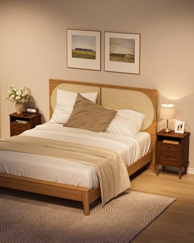 Nightstand, Boho Night Stand with 1 Drawer, Modern Side Accent Table with Open Shelf, Wooden Top Bedside End Table for Bedroom, Living Room, Walnut - color: Walnut