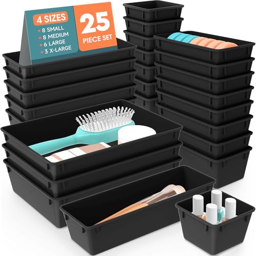 WOWBOX 25 PCS Plastic Drawer Organizer Set, Desk Drawer Divider Organizers and Storage Bins for Makeup, Jewelry, Gadgets for Kitchen, Bedroom, Bathroom, Office, Deep Black - color: Deep Black