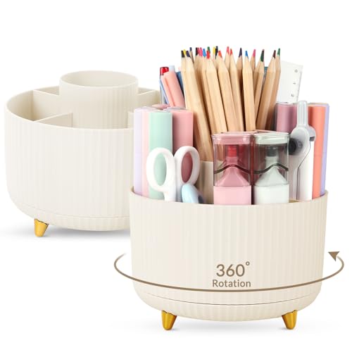 SKYDUE 2 Pack Pen Holder, 360 Degree Rotating Pencil Holder for Desk Organizer, Rotating Desktop Pen Organizer with 5 Slots, Office Supplies, Pencil Cup for Office, School, Home - color: Beige_2Pack