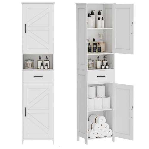Homhedy 67" H Tall Bathroom Storage Cabinet with 2 Barn Doors and 1 Drawer, Narrow Storage Unit, Adjustable Shelves, Floor Cabinet for Bathroom, Living Room, Entryway, Kitchen, White, (15.7" W) - color: White, size: 15.7"W