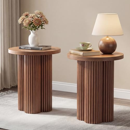 Small Sofa Side Table Set of 2, Fluted Accent Pedestal End Table, Wood Round Night Stand, Farmhouse Bed Side Table Drink Tables for Living Room, Small Spaces (Walnut-2PCS) - color: Walnut-2pcs
