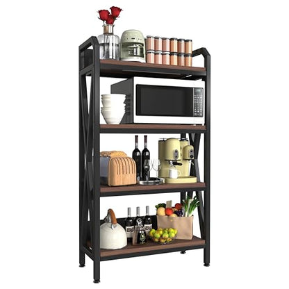 4-Tier Bakers Rack, 56" Kitchen Storage Shelf, Metal & Wood Open Shelving Unit for Pantry, Garage, Bathroom, Living Room - Adjustable Freestanding Organizer, Black Brown