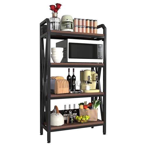 4-Tier Bakers Rack, 56" Kitchen Storage Shelf, Metal & Wood Open Shelving Unit for Pantry, Garage, Bathroom, Living Room - Adjustable Freestanding Organizer, Black Brown