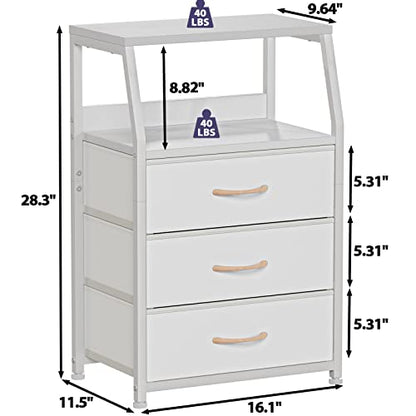 Furnulem White Nightstand with 3 Drawers and 2-Tier Shelf, Small Night Stand End Table Side Furniture, Fabric Storage Organizer for Bedroom, Closet, Hallway, Nursery, Sturdy Steel Frame, Wood Top - color: White, style: 3 Drawers