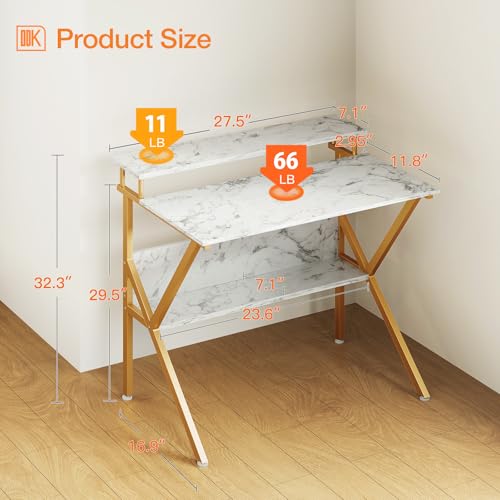ODK Small Desk, 27.5 Inch Computer Desk for Small Spaces, Study Desk with Storage & Monitor Stand, White Marble + Gold Leg - color: White Marble