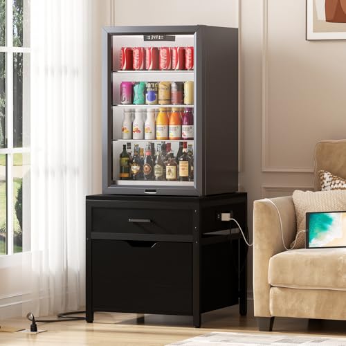 Unikito Mini Fridge Stand with Drawer Storage & Power Outlet, Black | Heavy duty mobile beverage refrigerator shelf with lockable wheels, 22.8" x 21.6" table, max load 300 lbs for office. - color: Black